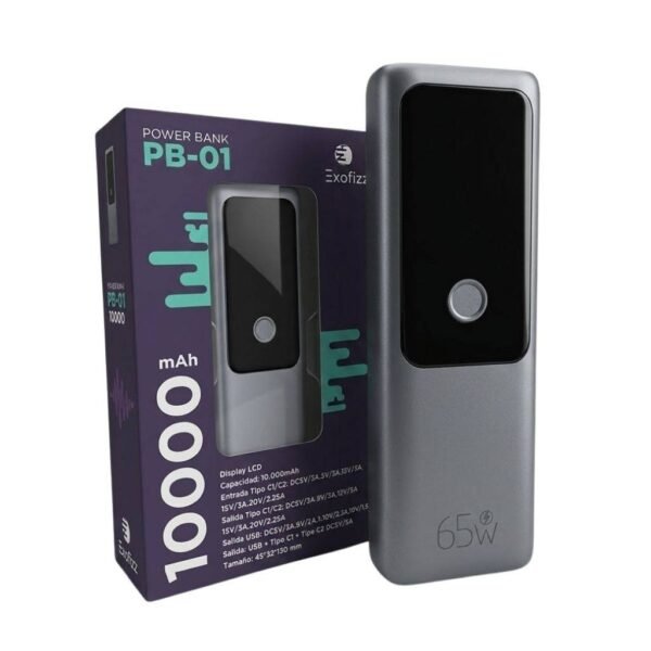 Power Bank Exofiz PB-01 10.000mAh 65W Entrada Tipo C / Salida USB + Tipo C1 + Tipo C2